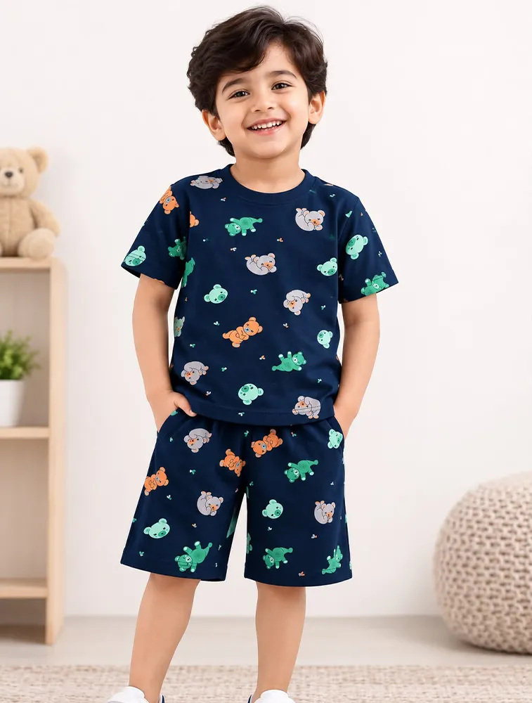 Navy Blue Kids Premium Printed T Shirt and Shorts set