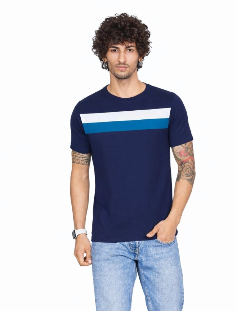 Navy Blue Matty Multi Colourblocked Round Neck Half Sleeve 190GSM TShirts