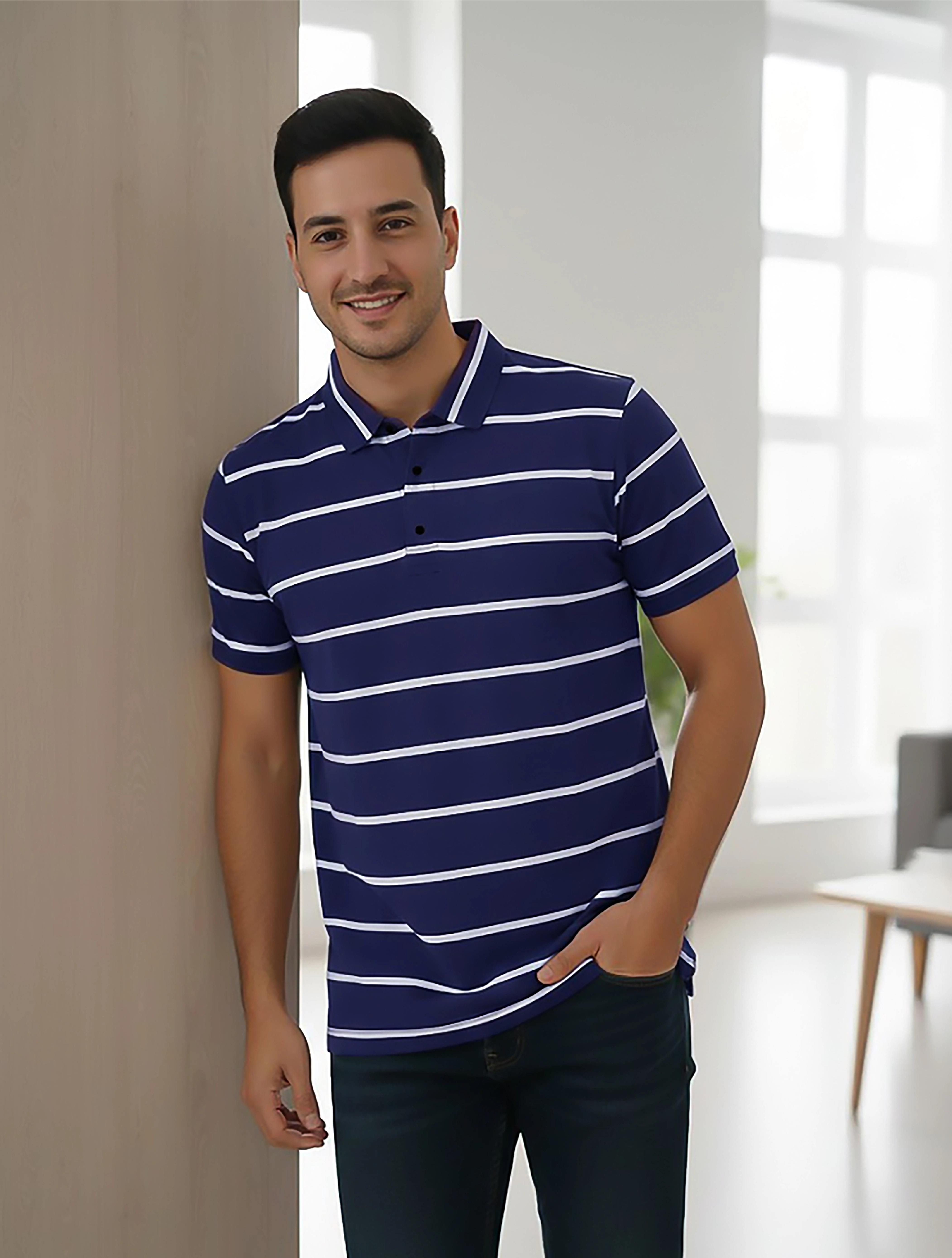 Navy Blue Matty Pique White Stripes 190 GSM Polo T shirts