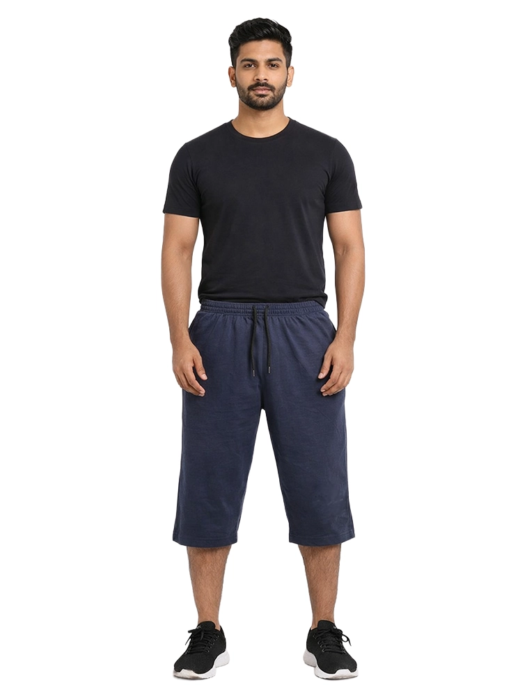 Navy Blue Men Cotton 3/4 Shorts With Drawstring