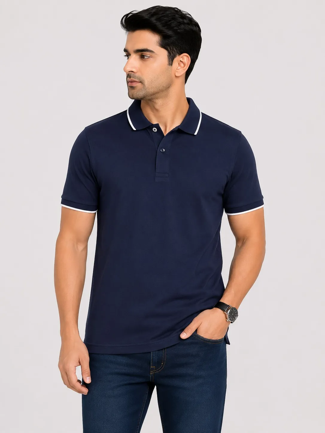Navy Blue Mens Premium Eco Blend 240 GSM Pole T Shirt With White Jacquard Collor With Contrast Tipping