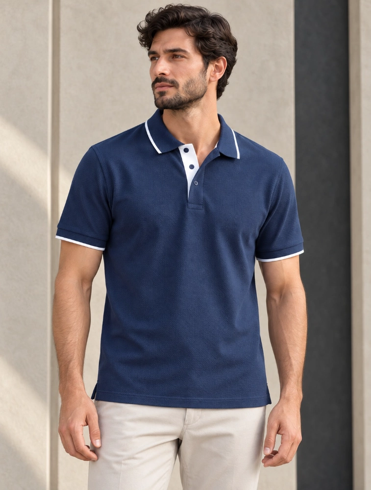 Navy Blue Mens Premium Eco Blend 240 GSM Pole T Shirt With White Jacquard Collor With Contrast Tipping
