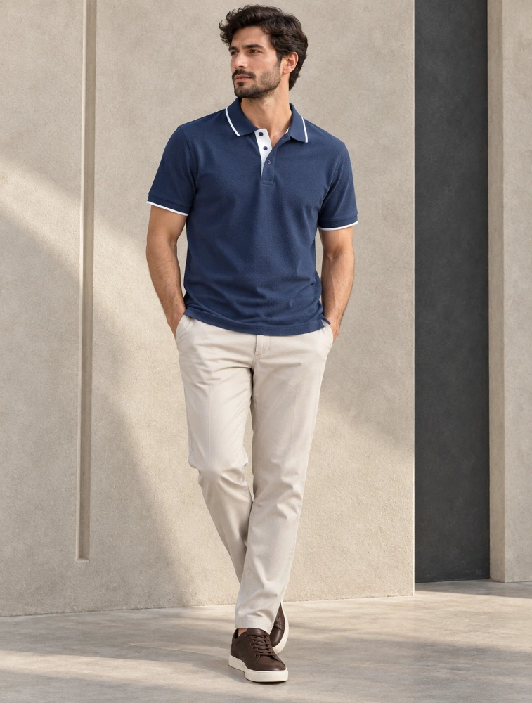 Navy Blue Mens Premium Eco Blend 240 GSM Pole T Shirt With White Jacquard Collor With Contrast Tipping