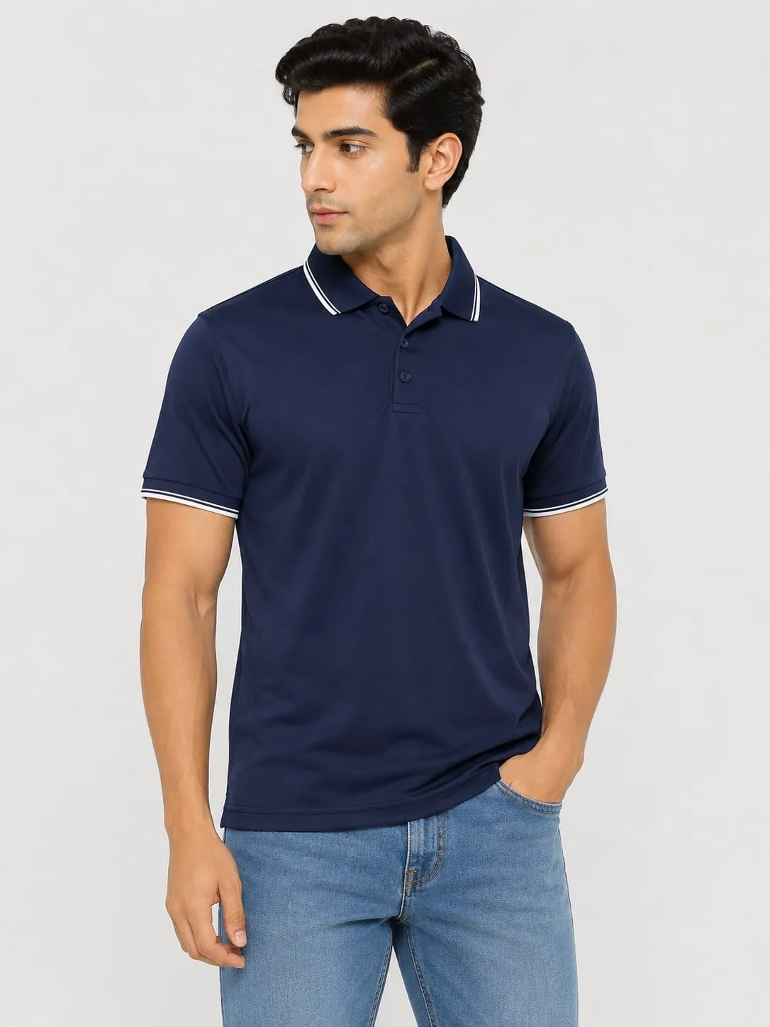 Navy Blue Mens Premium Primo Knit 200 GSM Polo TShirt With White Collor And Sleeve Tipping