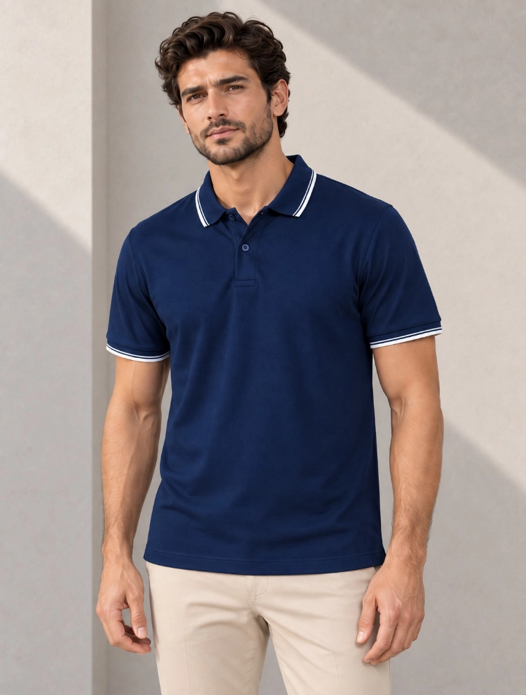 Navy Blue Mens Premium Primo Knit 200 GSM Polo TShirt With White Collor And Sleeve Tipping
