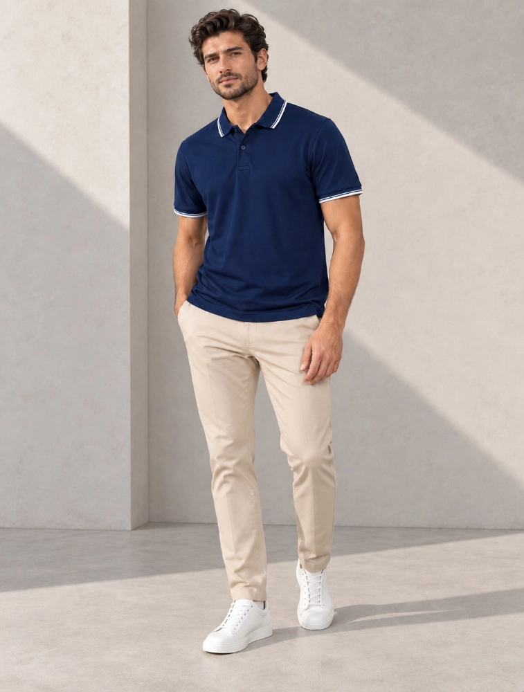 Navy Blue Mens Premium Primo Knit 200 GSM Polo TShirt With White Collor And Sleeve Tipping