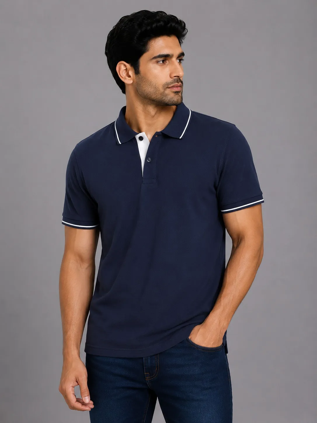 Navy Blue Mens Premiun Cotton 270 GSM Half Sleeve Polo T Shirt With White Collar And Sleeve Tipping