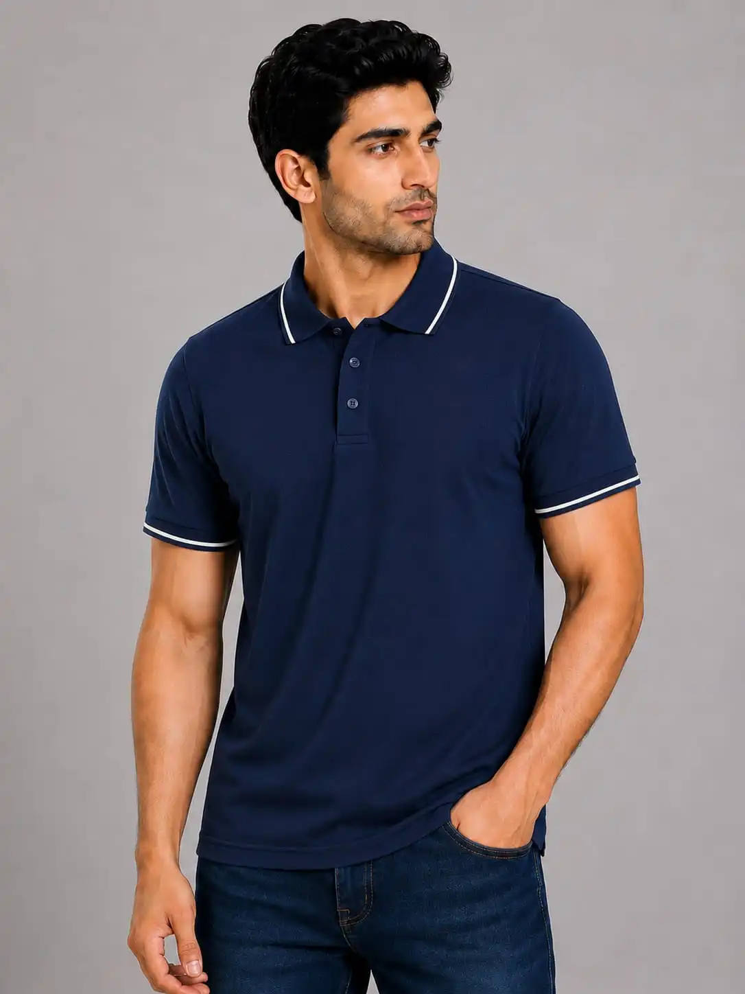 Navy Blue Mens Premiun Cotton 270 GSN Half Sleeve Polo T Shirt With White Collar And Sleeve Tipping