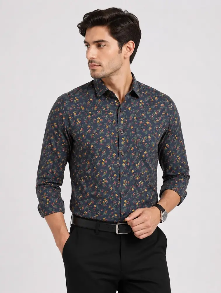 Navy Blue Mens Printed Casual Cotton Shirt 
