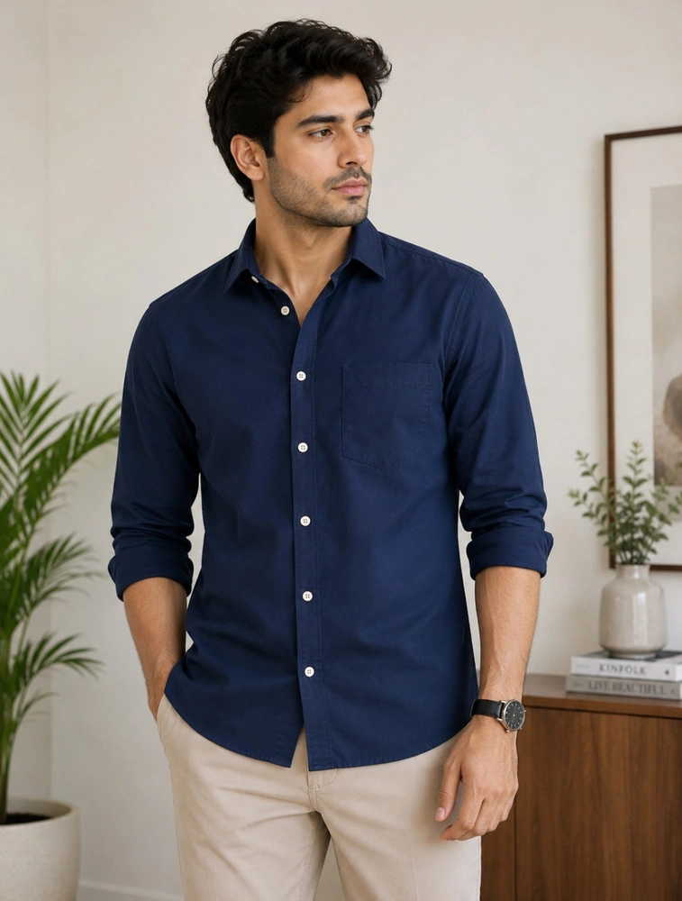 Navy Blue Mens Regular Fit Solid Spread Collar Linen Casual Shirt
