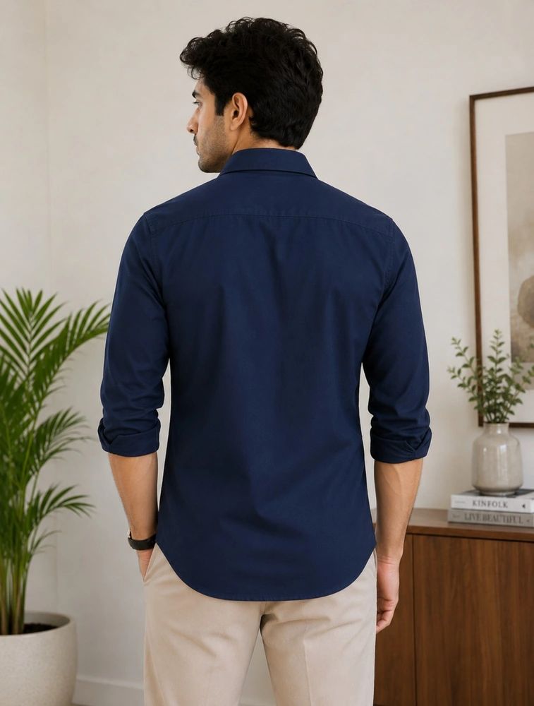 Navy Blue Mens Regular Fit Solid Spread Collar Linen Casual Shirt