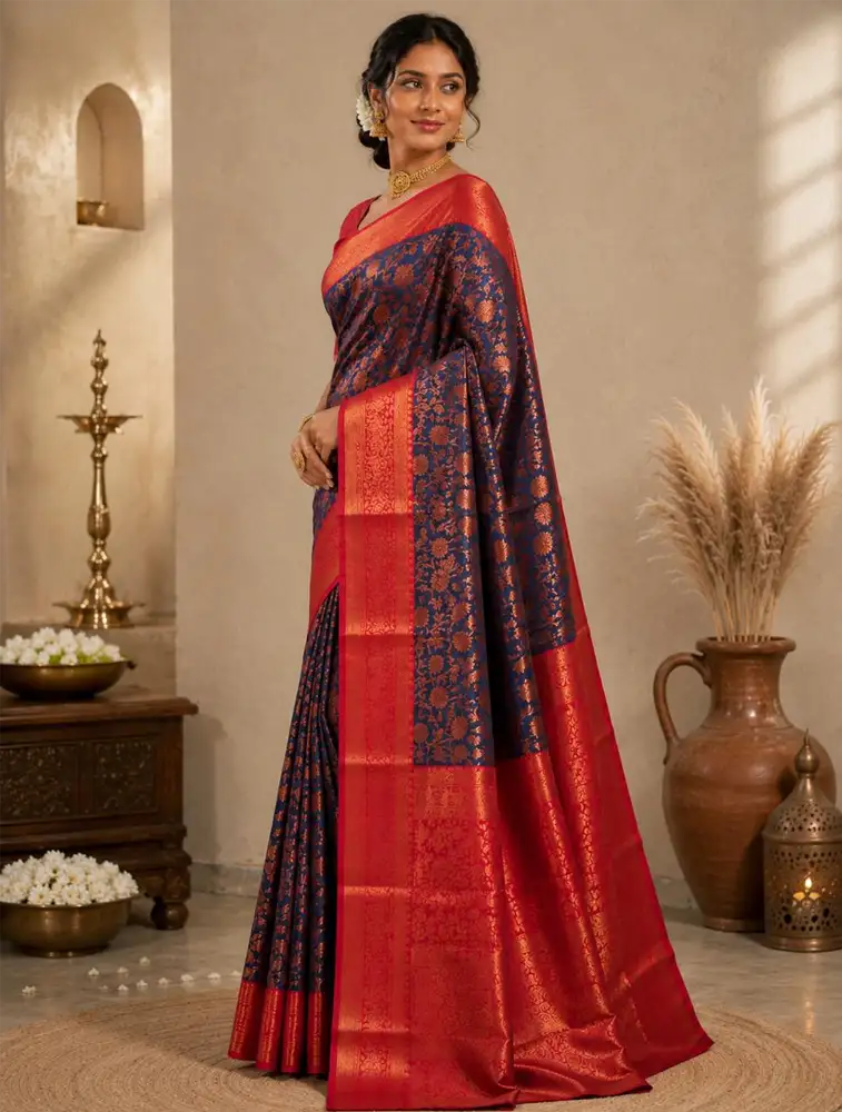 Navy Blue With Copper Womens Rust Printed Linen Saree Collection 