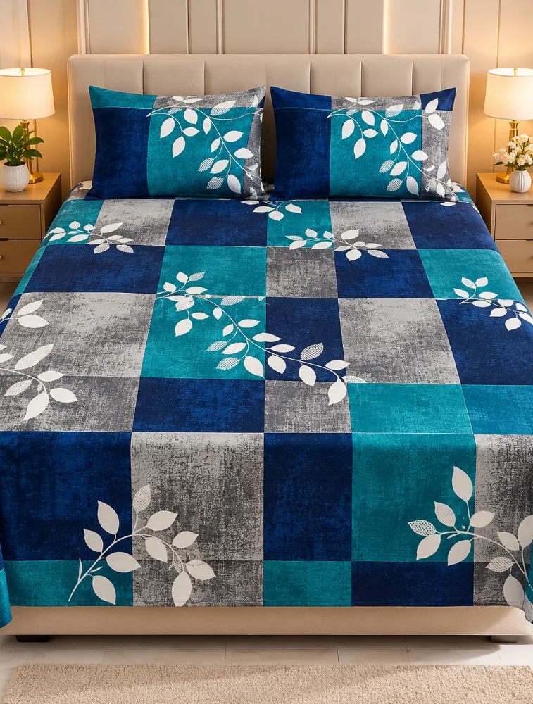 Navy Blue With Teal 90 x 100 Inches Cotton Printed Double Coat Queen Size Bedsheet with 2 Pillow Covers