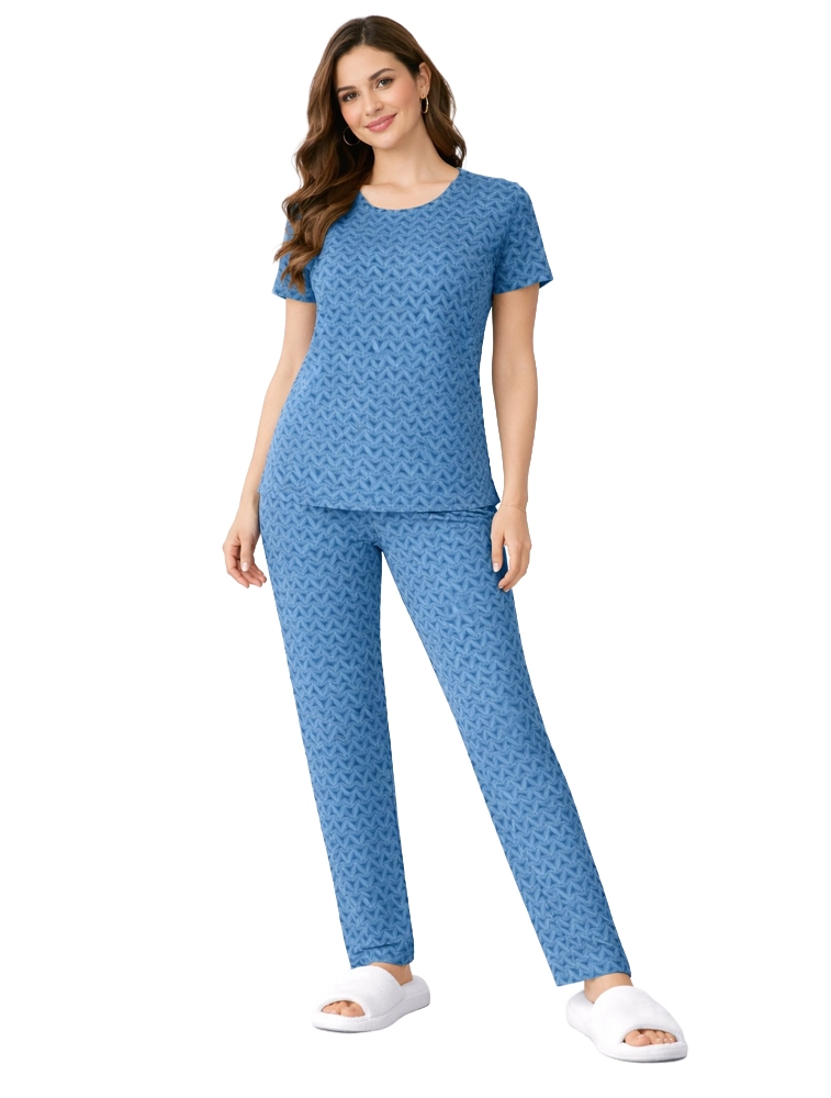 Navy Blue Women Cotton Printed Night Suit Set