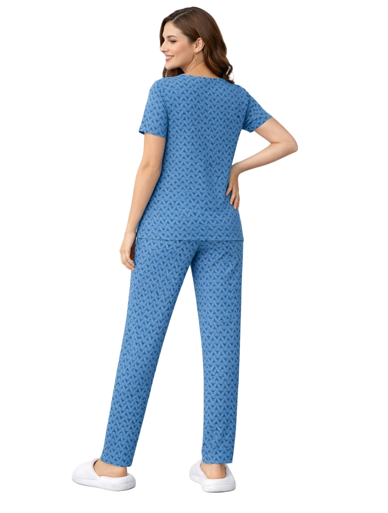 Navy Blue Women Cotton Printed Night Suit Set
