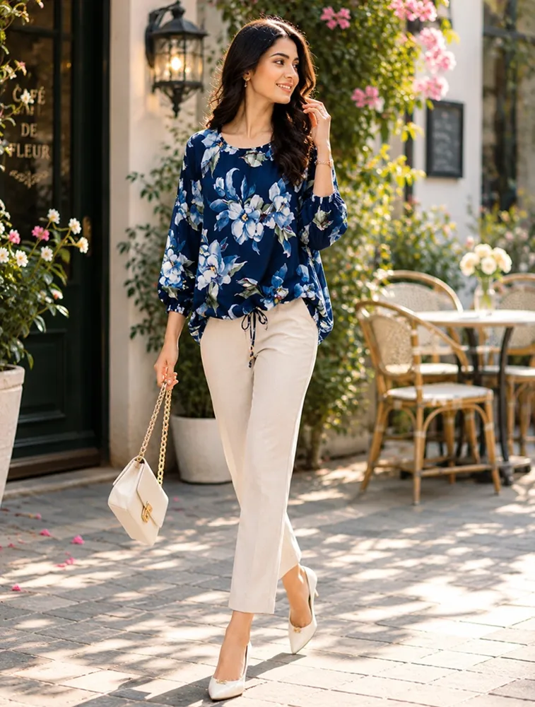 Navy Blue Womens Floral Print Drawstring Hem Top 