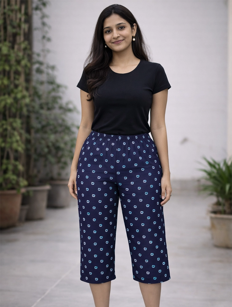 Navy Blue Womens Floral Printed Polycotton 120 GSM Capri Pant