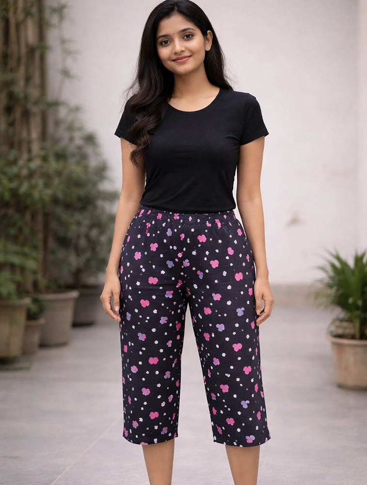 Navy Blue Womens Floral Printed Polycotton 120 GSM Capri Pant