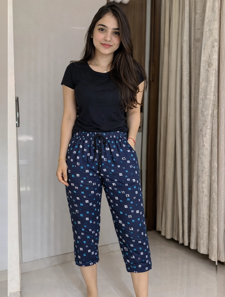 Navy Blue Womens Floral Printed Polycotton 120 GSM Capri Pant with Pocket