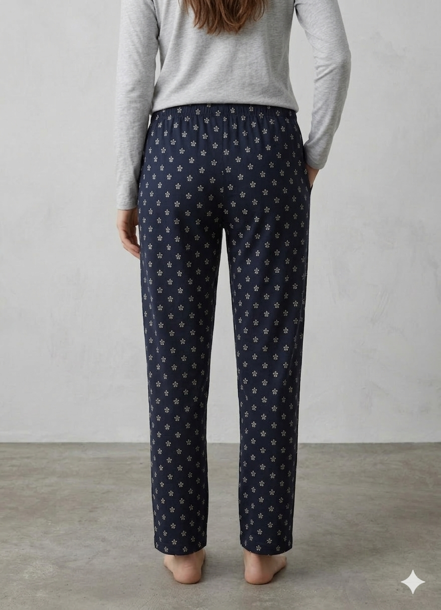 Navy Blue Womens Grey Floral Printed Polycotton 120 GSM Lounge Pant