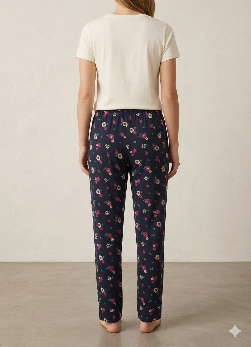 Navy Blue Womens Pink Floral Printed Polycotton 120 GSM Lounge Pant