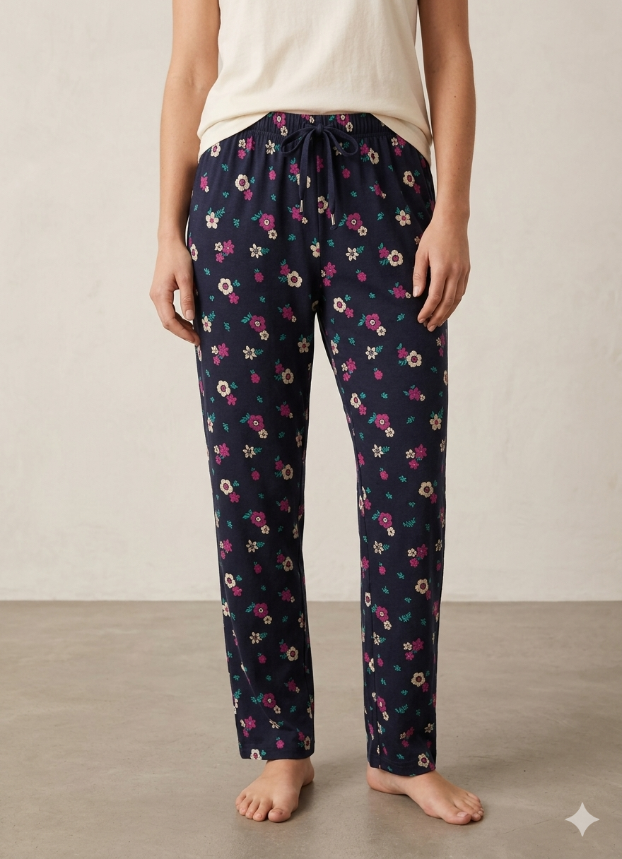 Navy Blue Womens Pink Floral Printed Polycotton 120 GSM Lounge Pant — bulk from ₹160