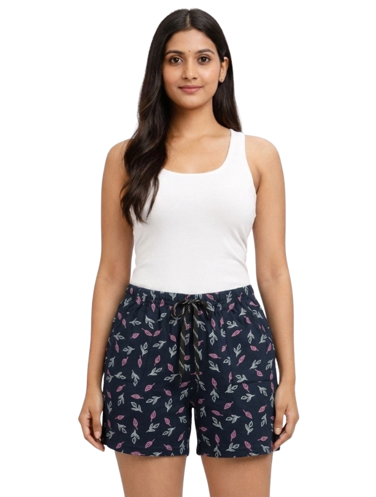 Navy Blue Womens Printed Polycotton 120 GSM Shorts with Pocket