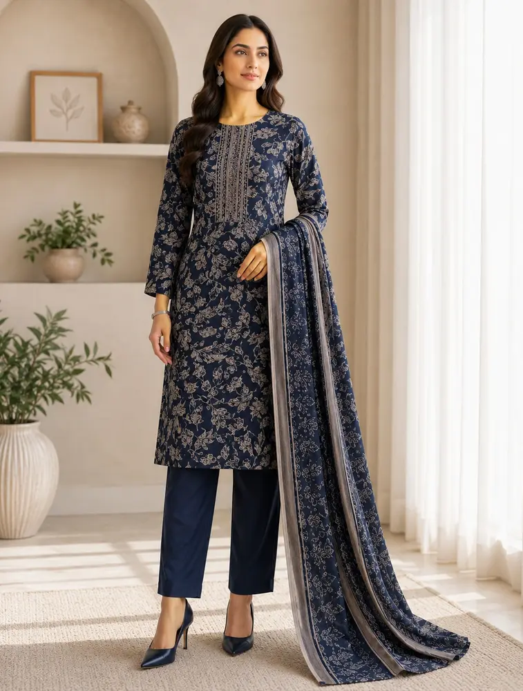 Navy Blue Womens Floral Printed Vertican Fabric Kurtha Set With Dupatta