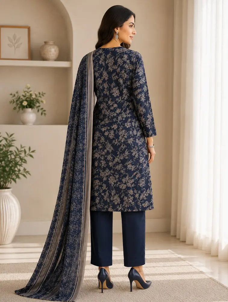 Navy Blue Womens Floral Printed Vertican Fabric Kurtha Set With Dupatta — bulk from ₹1333