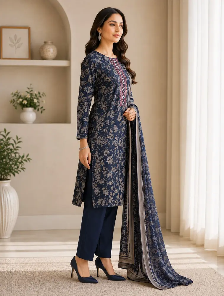 Navy Blue Womens Floral Printed Vertican Fabric Kurtha Set With Dupatta