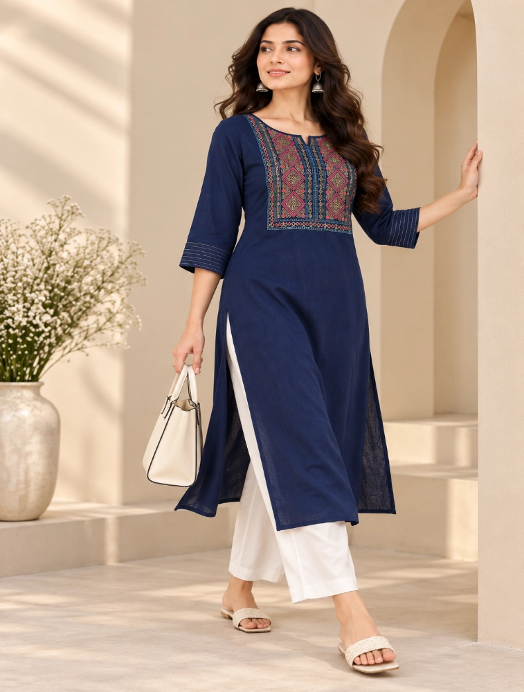 Navy Blue Womens Graceful Ethnic Embroidered Kurta