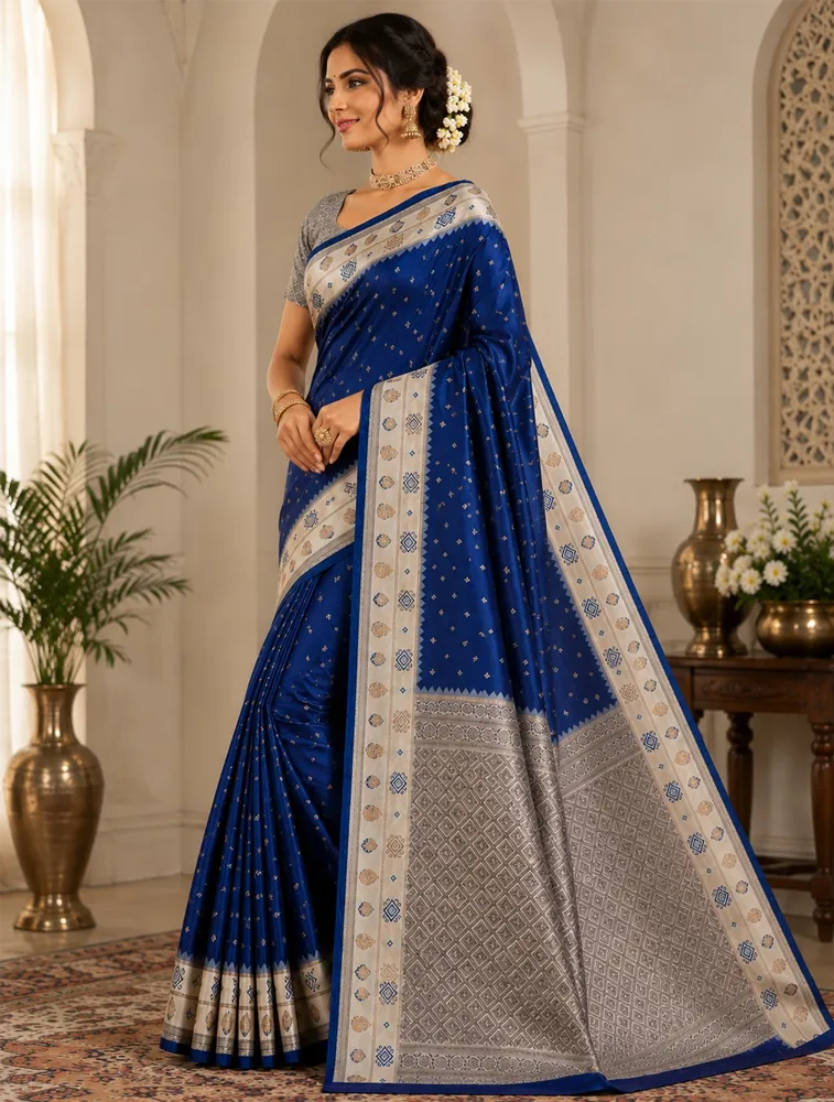 Navy Blue Womens Premium Semi Gadwal Saree with Turning Border