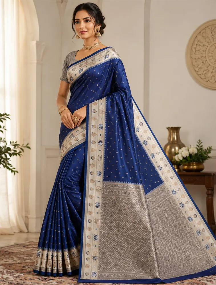 Navy Blue Womens Premium Semi Gadwal Saree with Turning Border