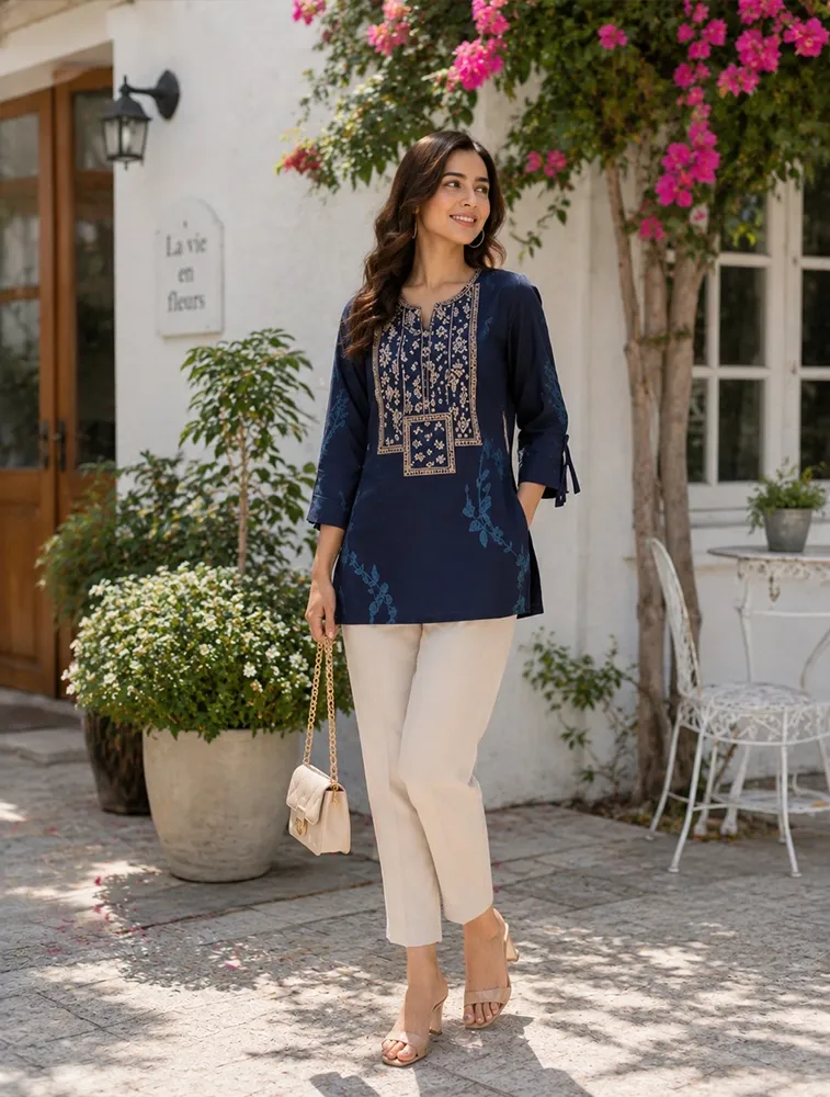 Navy Blue Womens Printed Tunic Top