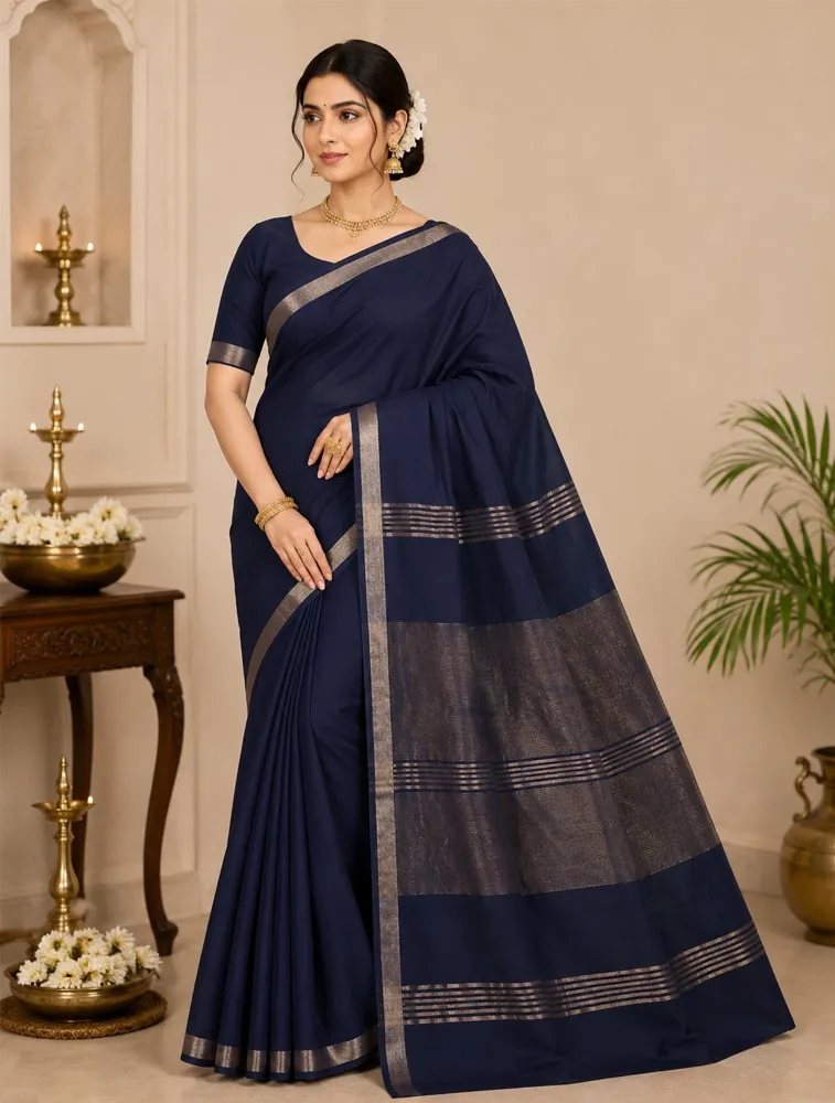 Navy Blue Womens premium Pure Linen Sarees