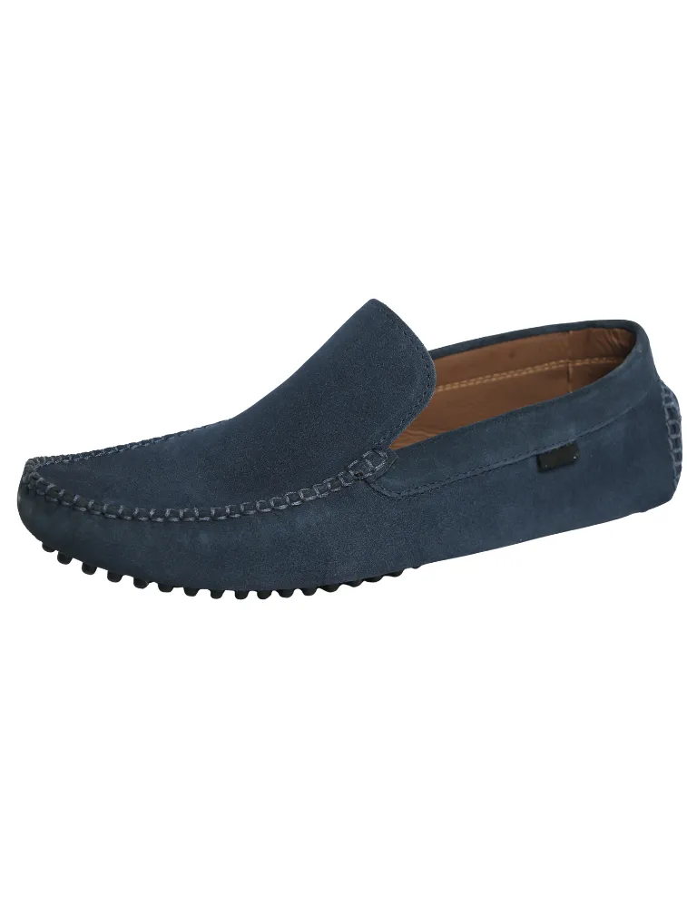 Navy Button Flex Driver Genuine Leather Suede Loafers