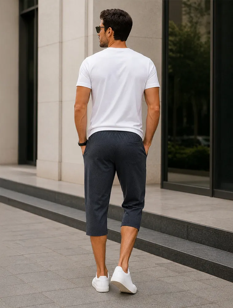 Navy Melange Men Cotton 3/4 Shorts With Drawstring 