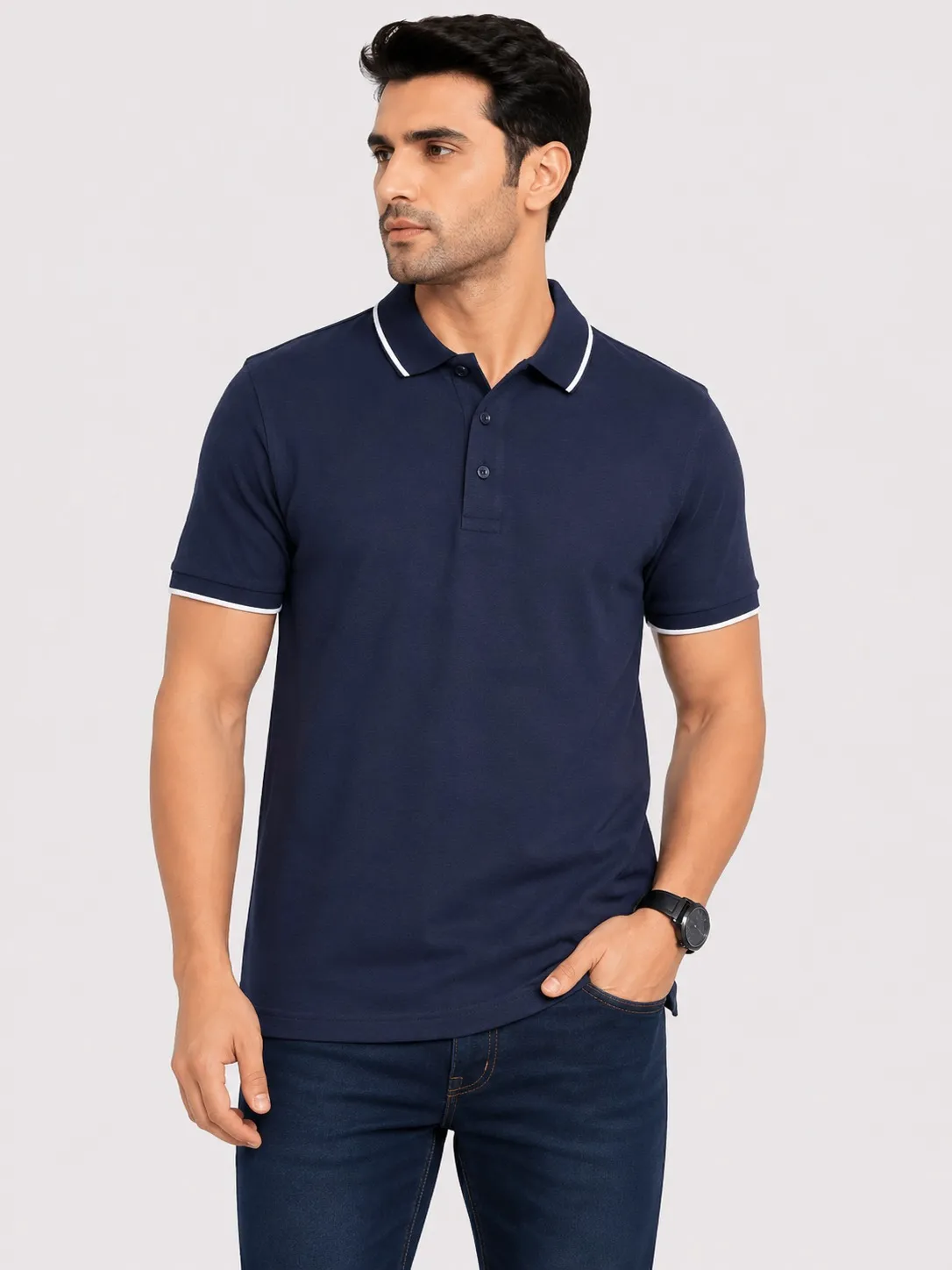 Navy Melange Mens Premium Eco Blend 240 GSM Pole T Shirt With White Jacquard Collor With Contrast Tipping