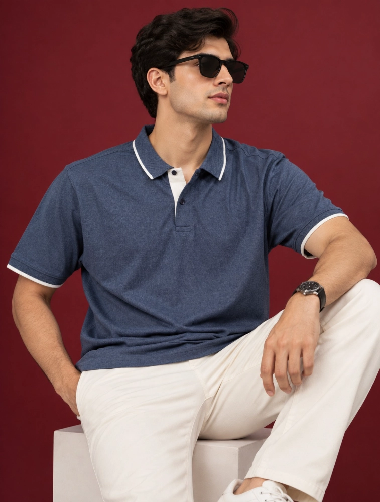Navy Melange Mens Premium Eco Blend 240 GSM Pole T Shirt With White Jacquard Collor With Contrast Tipping