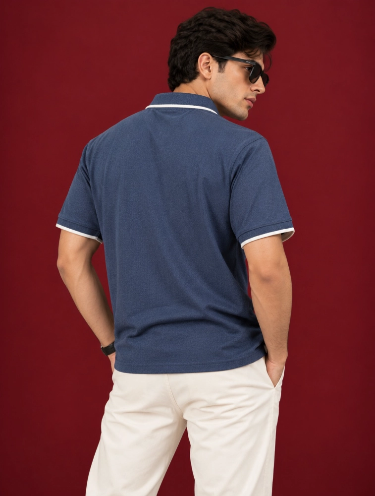 Navy Melange Mens Premium Eco Blend 240 GSM Pole T Shirt With White Jacquard Collor With Contrast Tipping