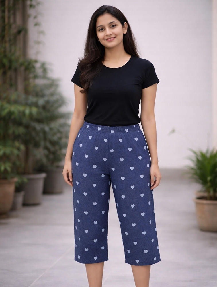 Navy Melange Womens Floral Printed Polycotton 120 GSM Capri Pant