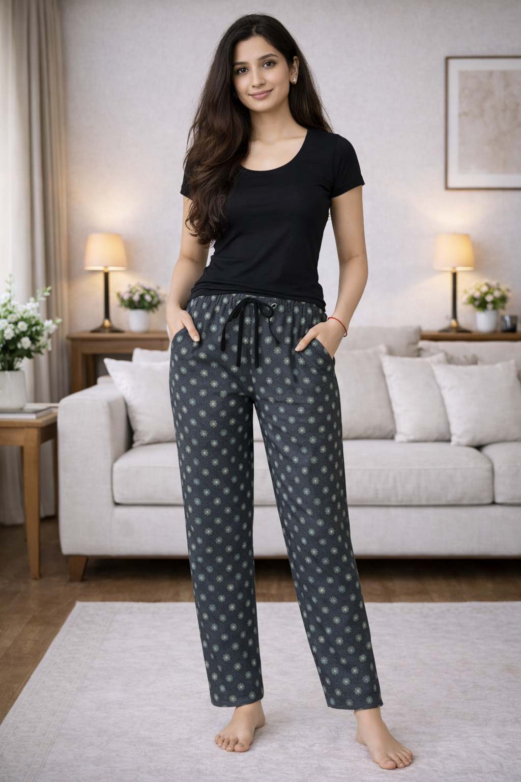 Navy Melange Womens Floral Printed Polycotton 120 GSM Lounge Pant with Pocket