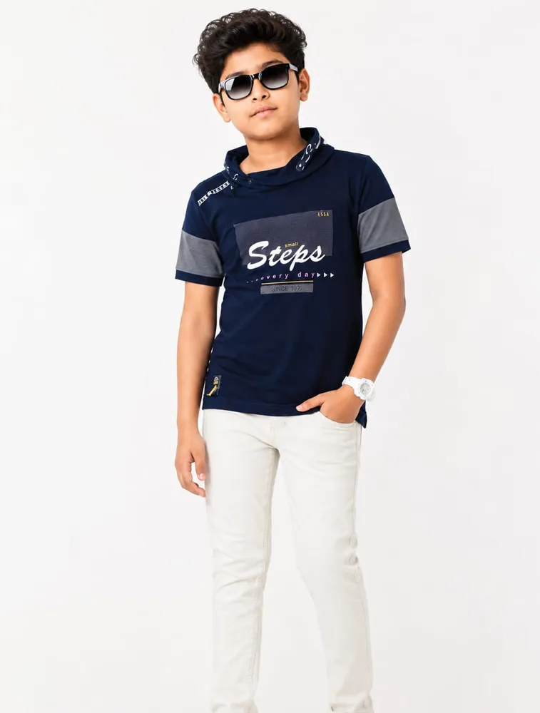 Navy blue Boys HI Neck Taqua Kids Printed Casual TShirt