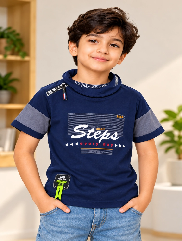 Navy blue Boys High Neck Taqua Kids Printed Casual TShirt