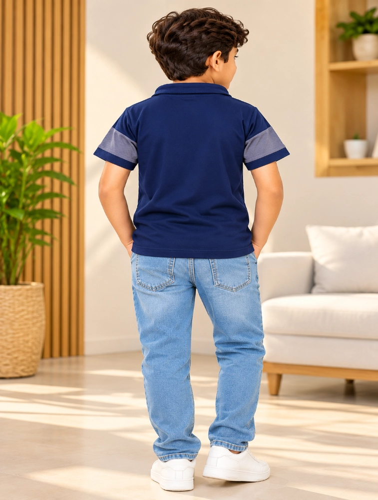 Navy blue Boys High Neck Taqua Kids Printed Casual TShirt 
