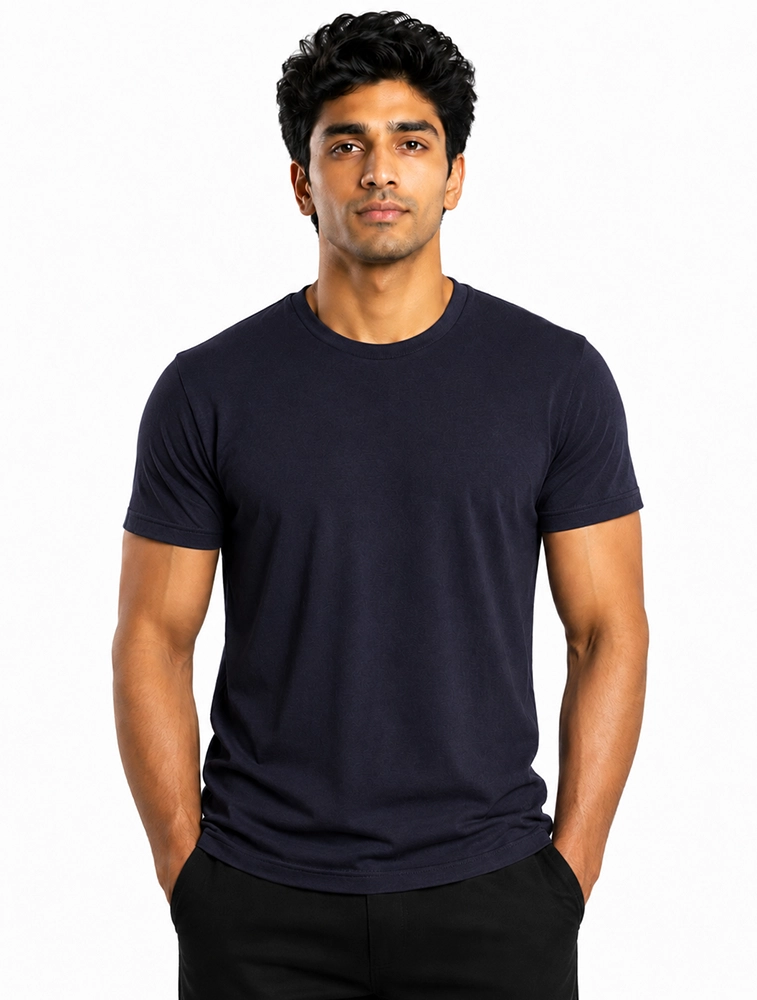 Navy blue Cotton 180 GSM Round Neck Half Sleeve Seamless Tshirt  