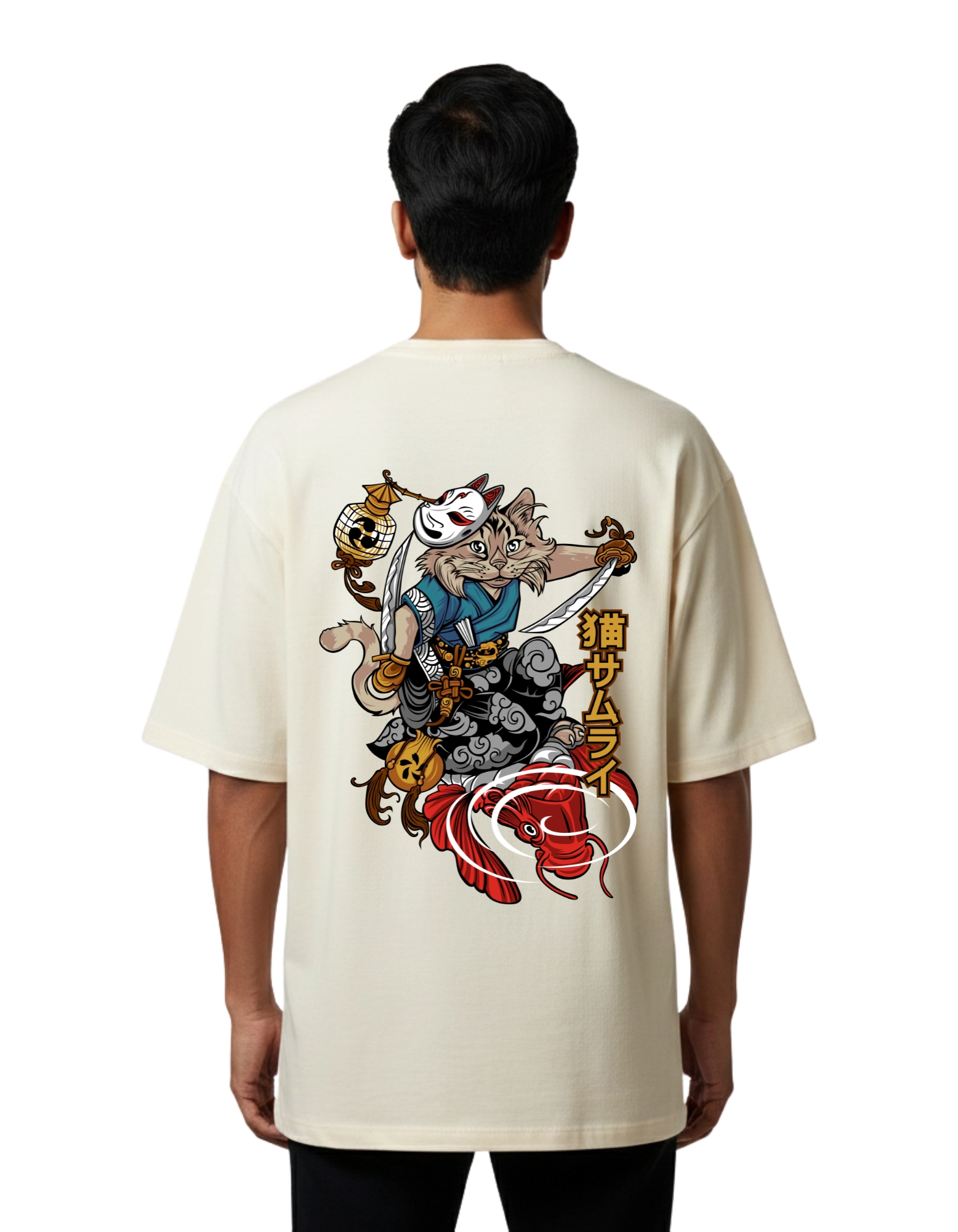 Neko Samurai Slay Oversized Cotton French Terry T-Shirt 240 GSM Beige