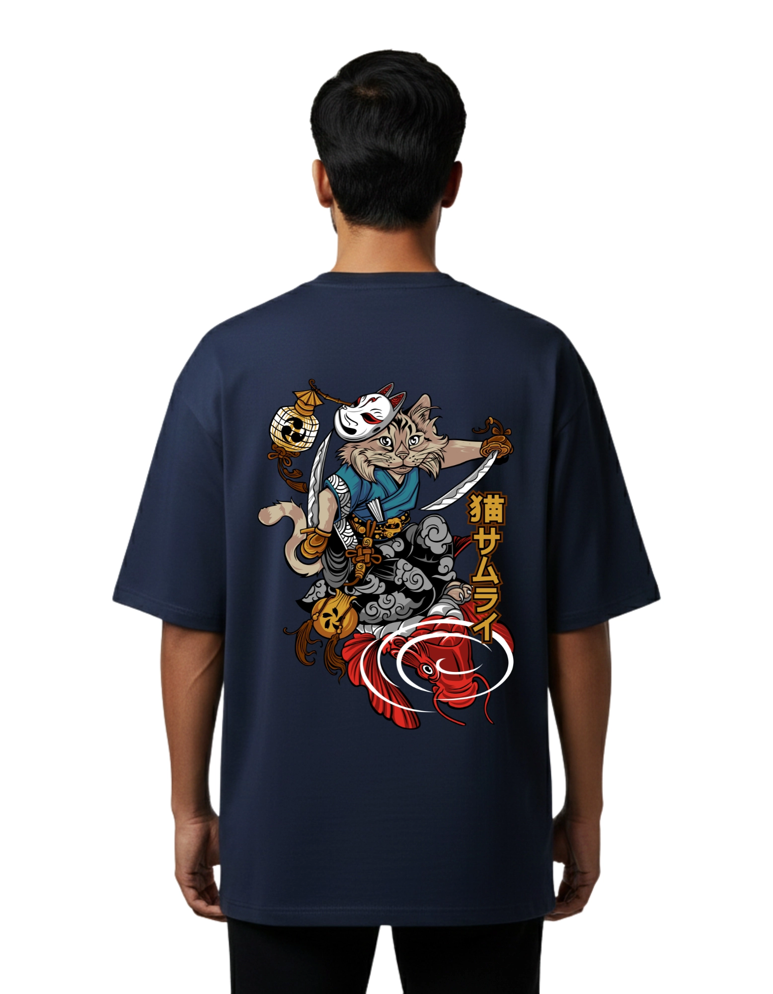 Neko Samurai Slay Oversized Cotton French Terry T-Shirt 240 GSM Navy Blue