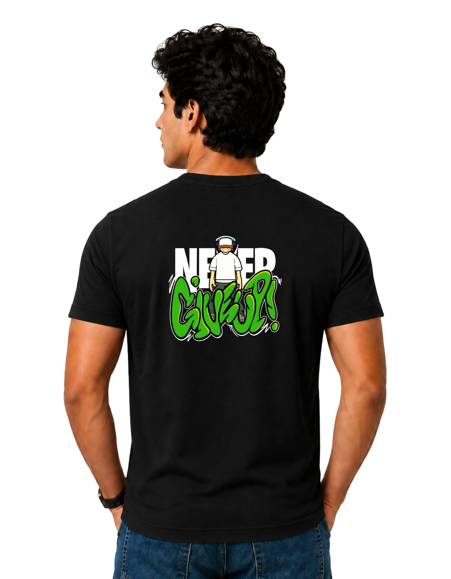 Never Give Up Graffiti Cotton Round Neck T-Shirt 180 GSM Black