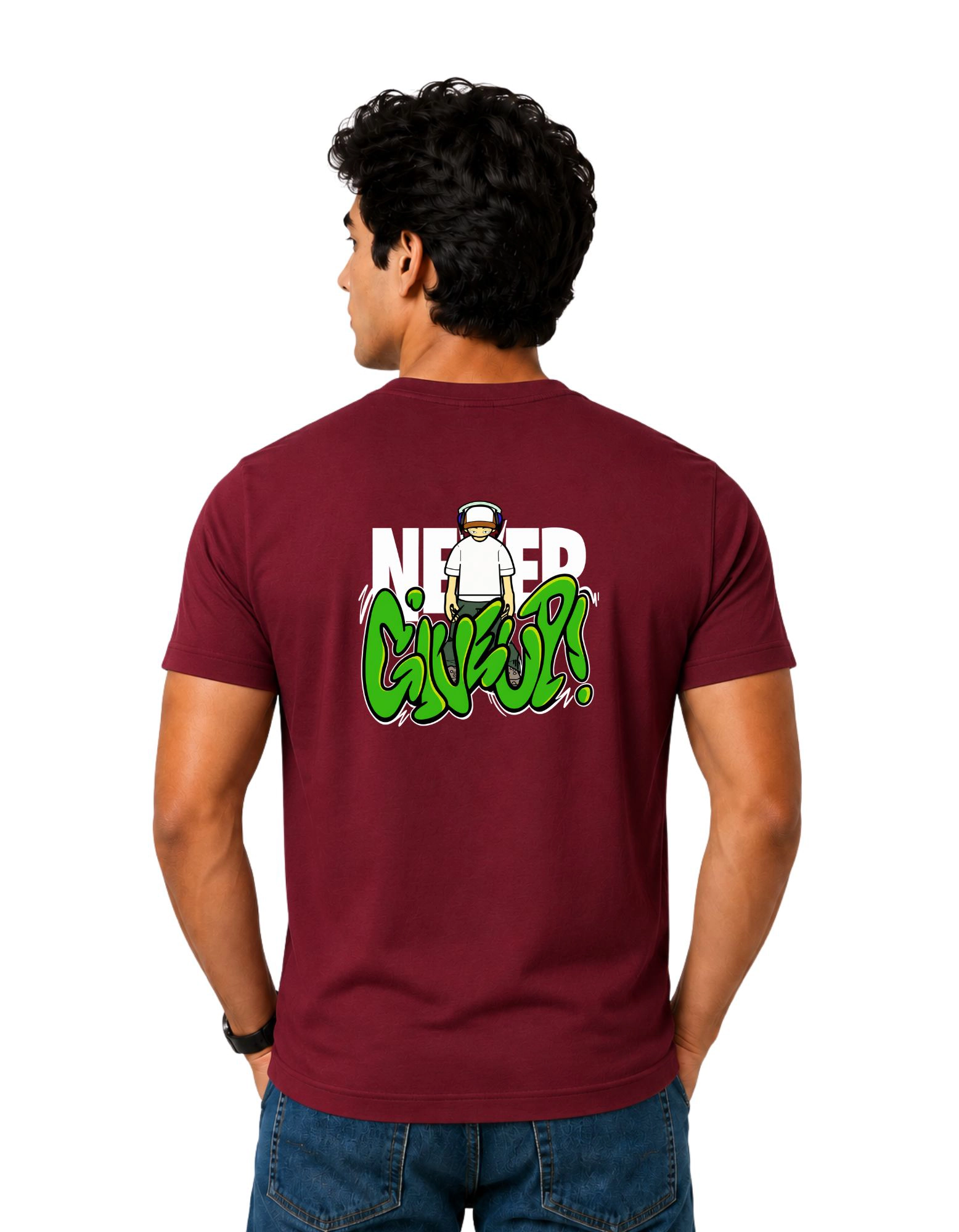 Never Give Up Graffiti Cotton Round Neck T-Shirt 180 GSM Maroon